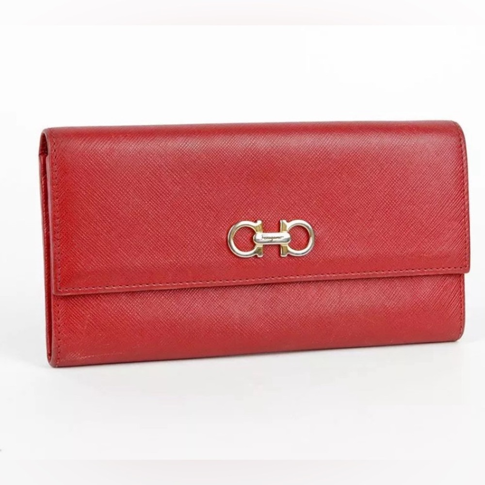 Salvatore Ferragamo Gancini Wallet on Chain Red Leather Gold Crossbody - Picture 4 of 8